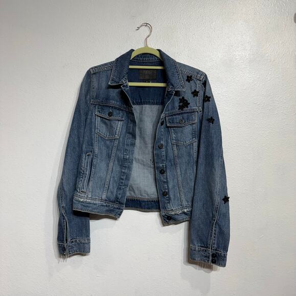 Paige Denim and Star Sequins Distressed Jean Jacket Sz S - Picture 2 of 13